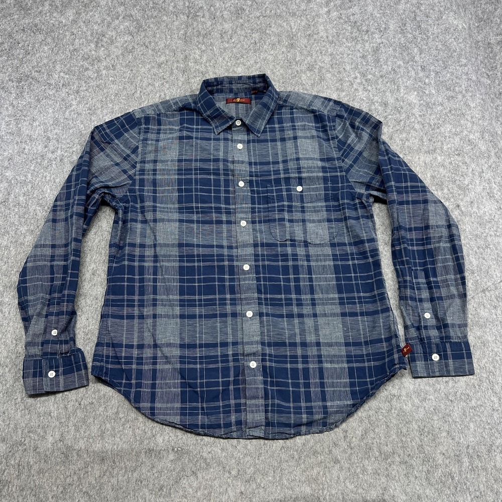 7 For All Mankind Shirt Mens L Blue Plaid Long Sleeve Button Cotton Linen Casual